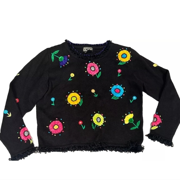 Berek 2 Sweaters - Vintage Berek 2 Cotton 3 D Floral Black Embroidered Beaded Sweater.